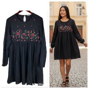 Beach Lunch Lounge Tunic Dress Medium Floral Embroidered Black Boho Babydoll